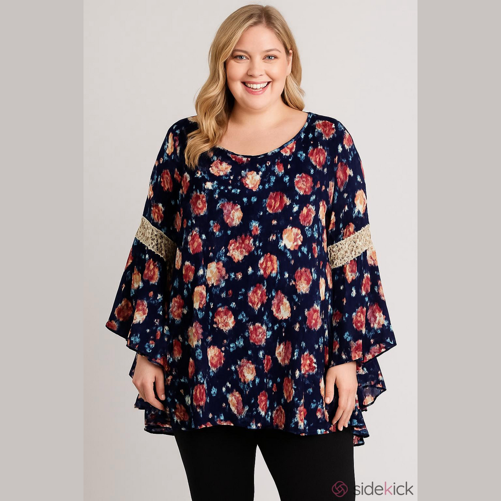 WANT & NEED Top, Plus SZ 3X, PTP 26”, Length 31”, Large Bell Sleeves